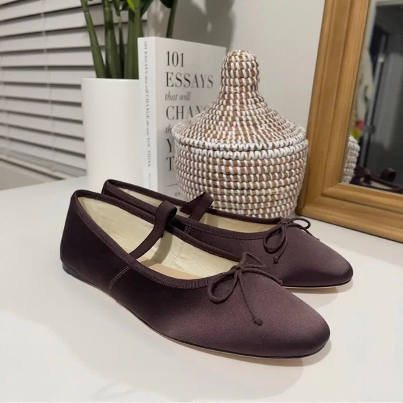 new LOEFFLER RANDALL Leonie satin bow ballet Mary Jane flats 7.5 brown - Picture 2 of 11